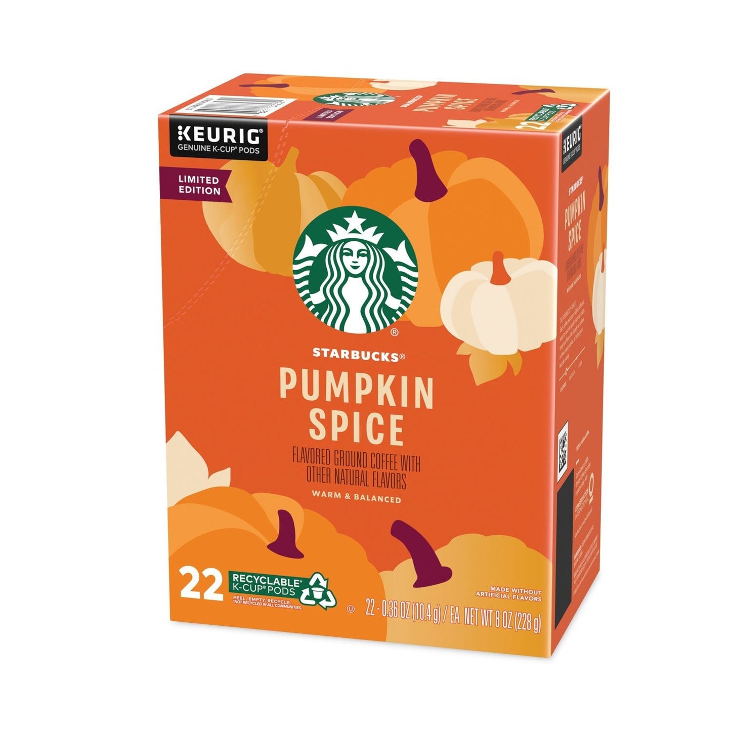Starbucks Pumpkin Spice Coffee K-Cups in a box, 22 cups per box, 4 boxes per carton, by 2xSavings, for Keurig brewing.