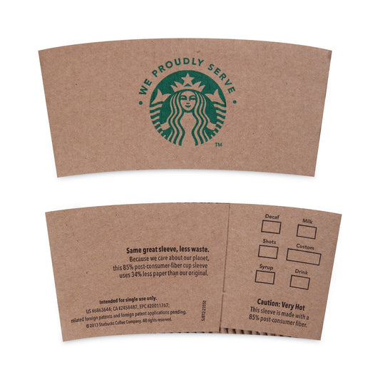 Kraft Starbucks cup sleeves for 12, 16, 20 oz hot cups, shown in a carton of 1,380 sleeves by 2xSavings.
