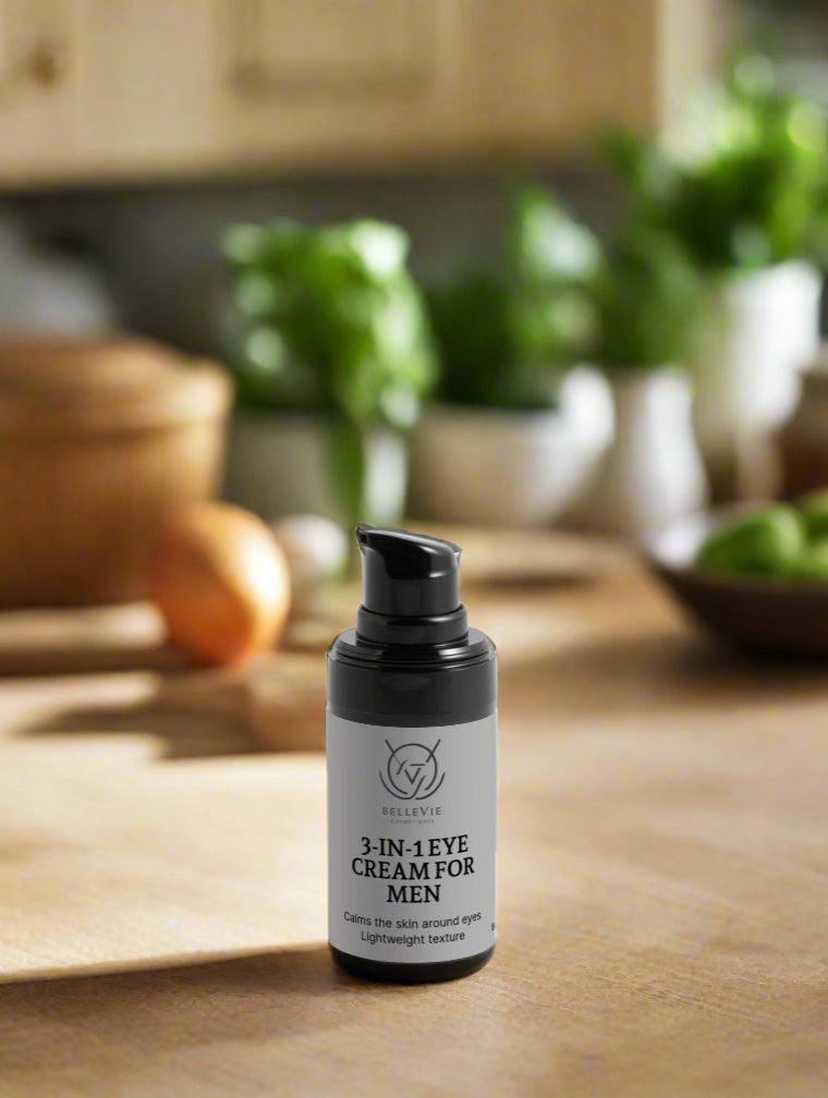 BelleVie Cosmétiques 3-in-1 eye cream for men in 15ml jar, hydrating, brightening, and rejuvenating with hemp extract.
