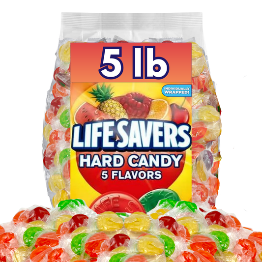 Assorted Life Savers hard candies in 5 flavors from Candy In Bulk, shown in a bulk value bag with colorful candies.