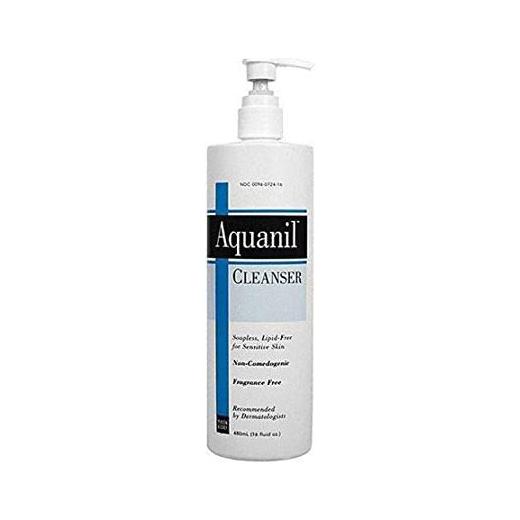 Pasteur Pharmacy Aquanil facial cleanser in a 16 fl oz bottle, gentle soapless, lipid-free skin cleanser for sensitive skin.