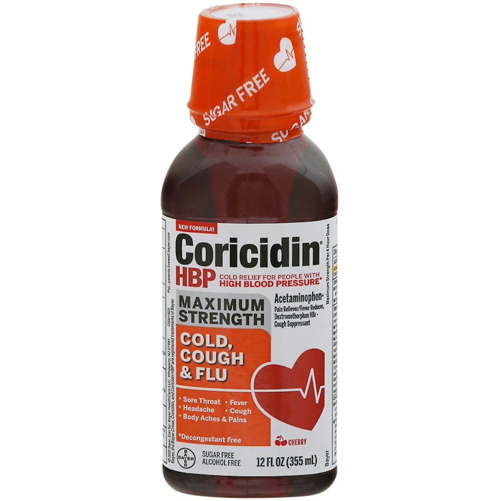 Coricidin HBP Maximum Strength Cherry Cold, Cough & Flu Liquid, 12 Fl Oz