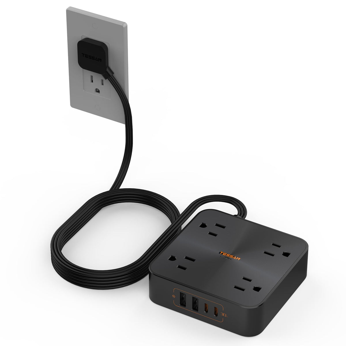 Black 30W USB C power strip with 4 outlets, 4 USB ports, 6-ft flat plug extension cord, surge protector for office or dorm use.