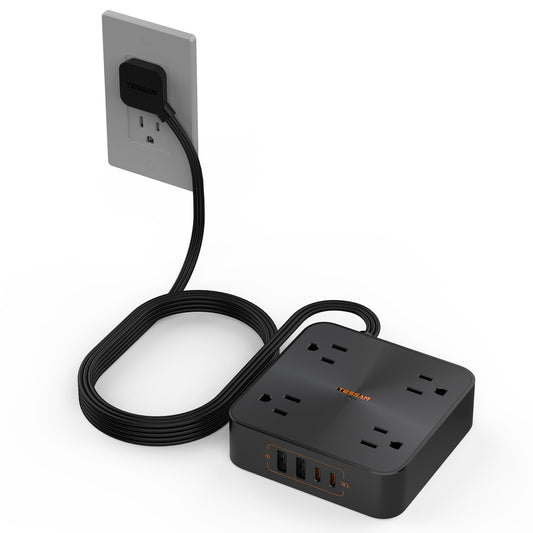 Black 30W USB C power strip with 4 outlets, 4 USB ports, 6-ft flat plug extension cord, surge protector for office or dorm use.