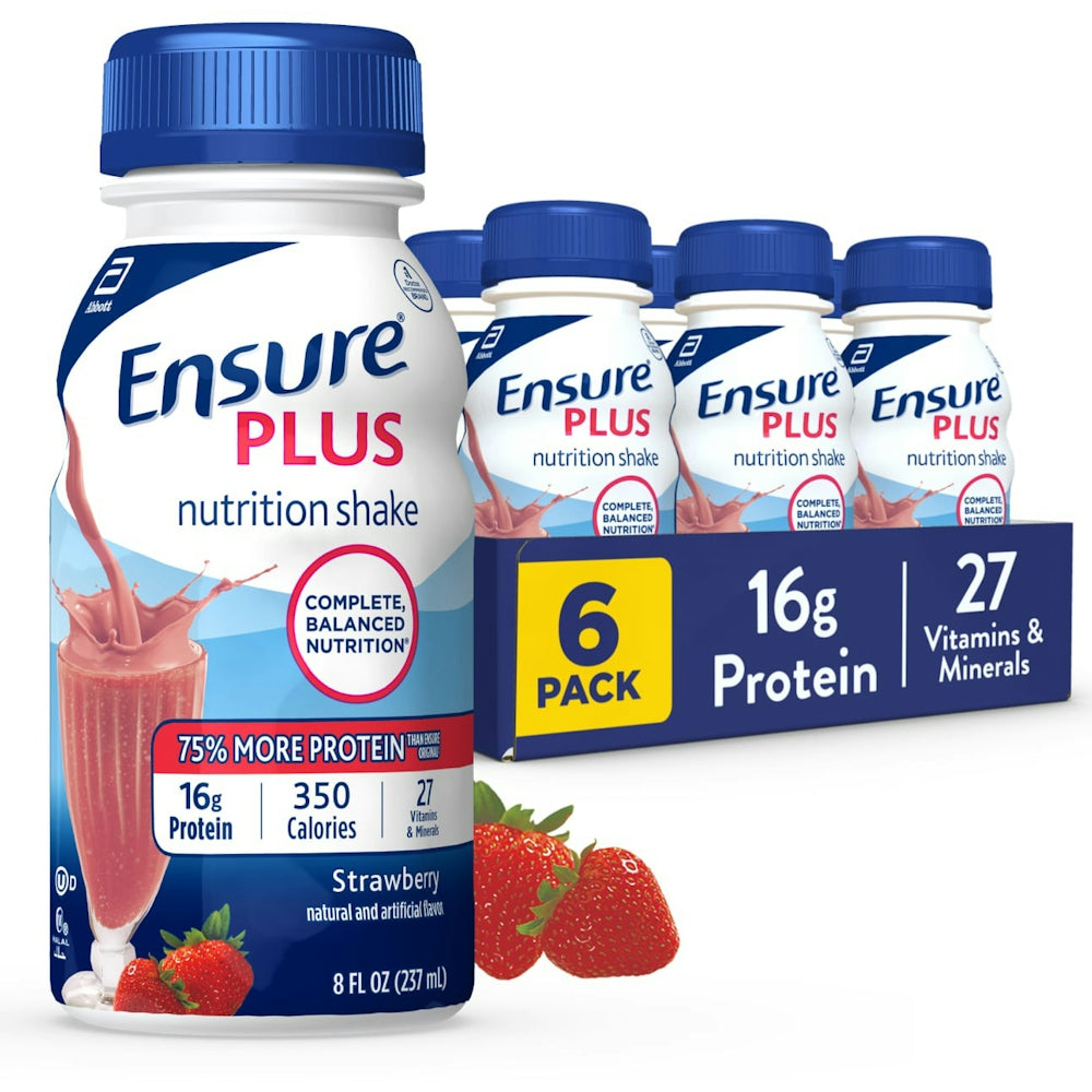 Ensure Plus Nutrition Shake in strawberry flavor, 6x8 oz bottles, for fitness and nutrition from Pasteur Pharmacy.