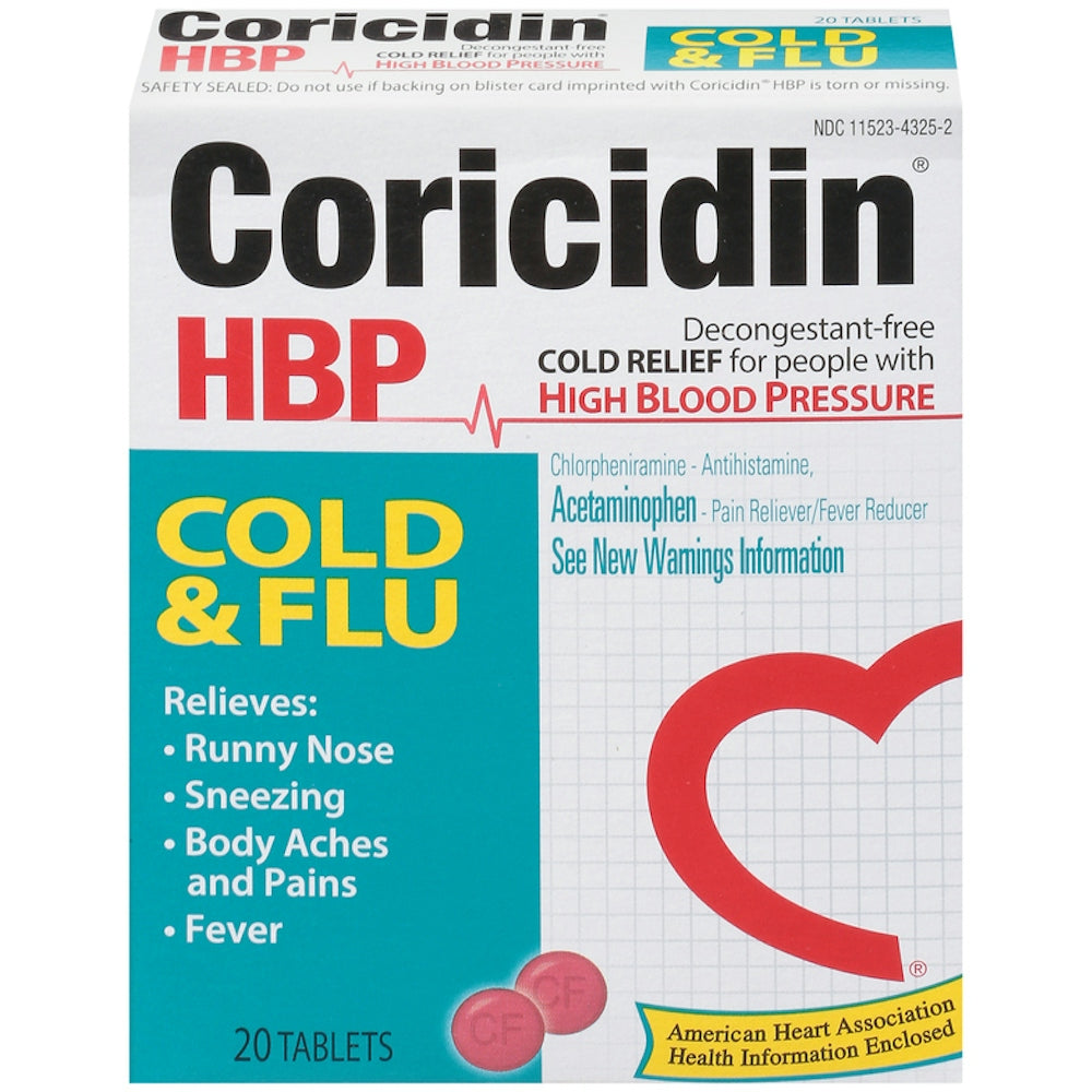 Coricidin® HBP Cold & Flu 2 mg - 325 mg Tablet, 20 EA