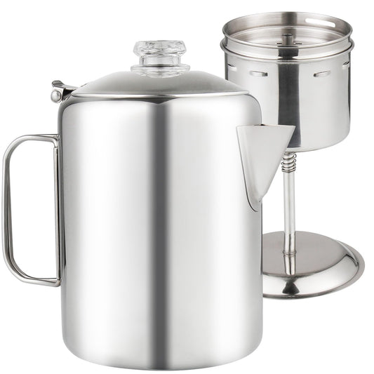 Stainless steel APOXCON Percolator Coffee Pot with heat-resistant glass knob, ideal for campfire, stovetop, or outdoor travel brewing.