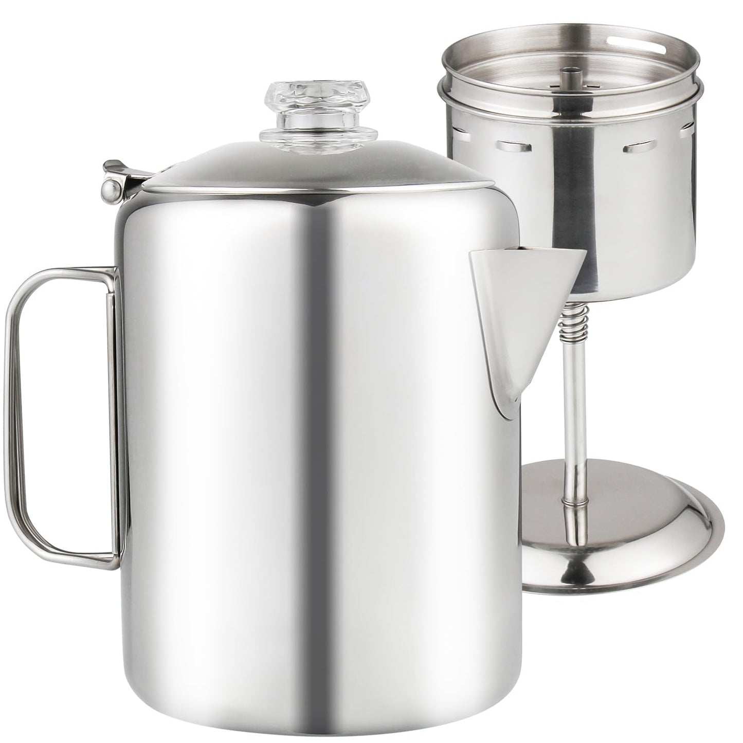 Stainless steel APOXCON Percolator Coffee Pot with heat-resistant glass knob, ideal for campfire, stovetop, or outdoor travel brewing.