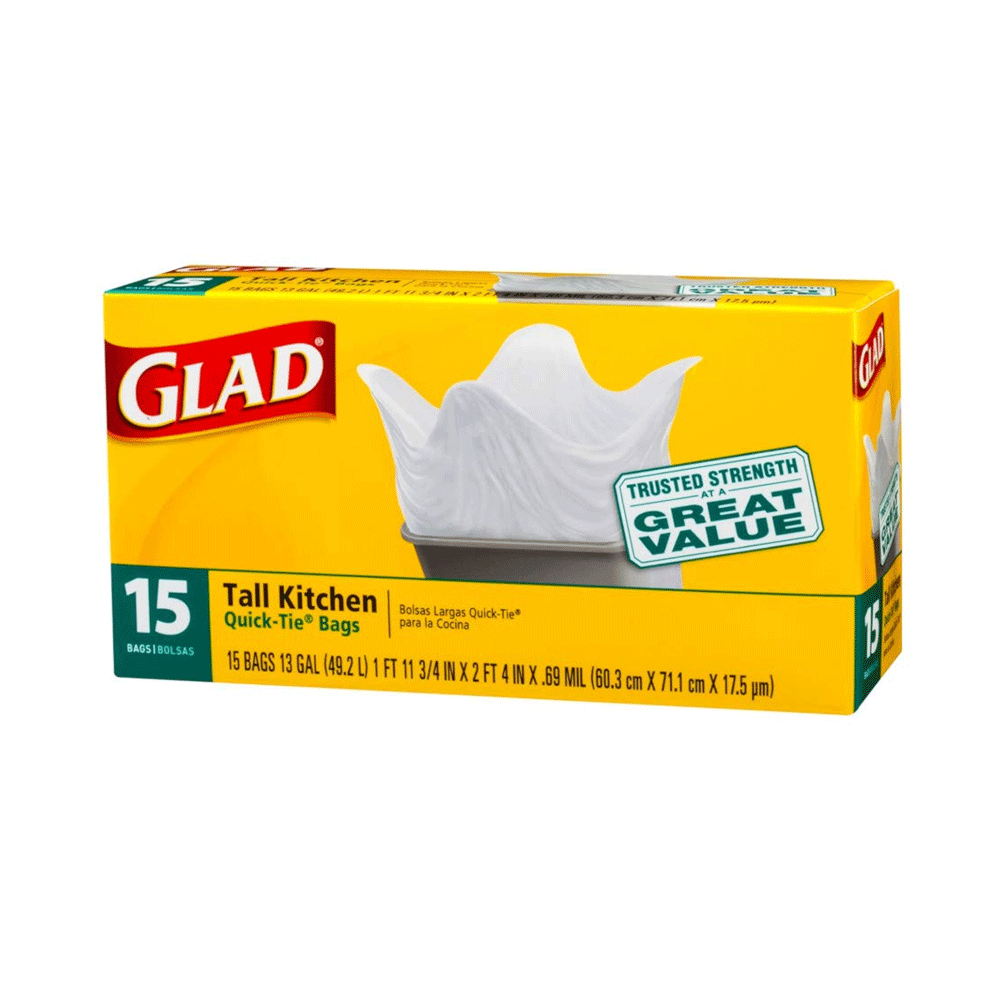 Glad Quick Tie 13 Gallon Tall Kitchen Trash Bags 15ct