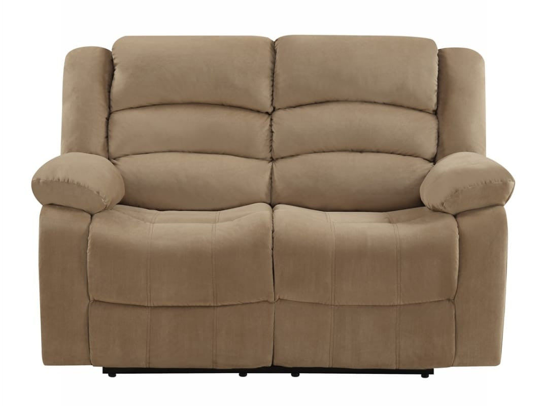 Beige microfiber manual reclining loveseat with plush cushions and armrests, stylish and comfortable for living room seating.