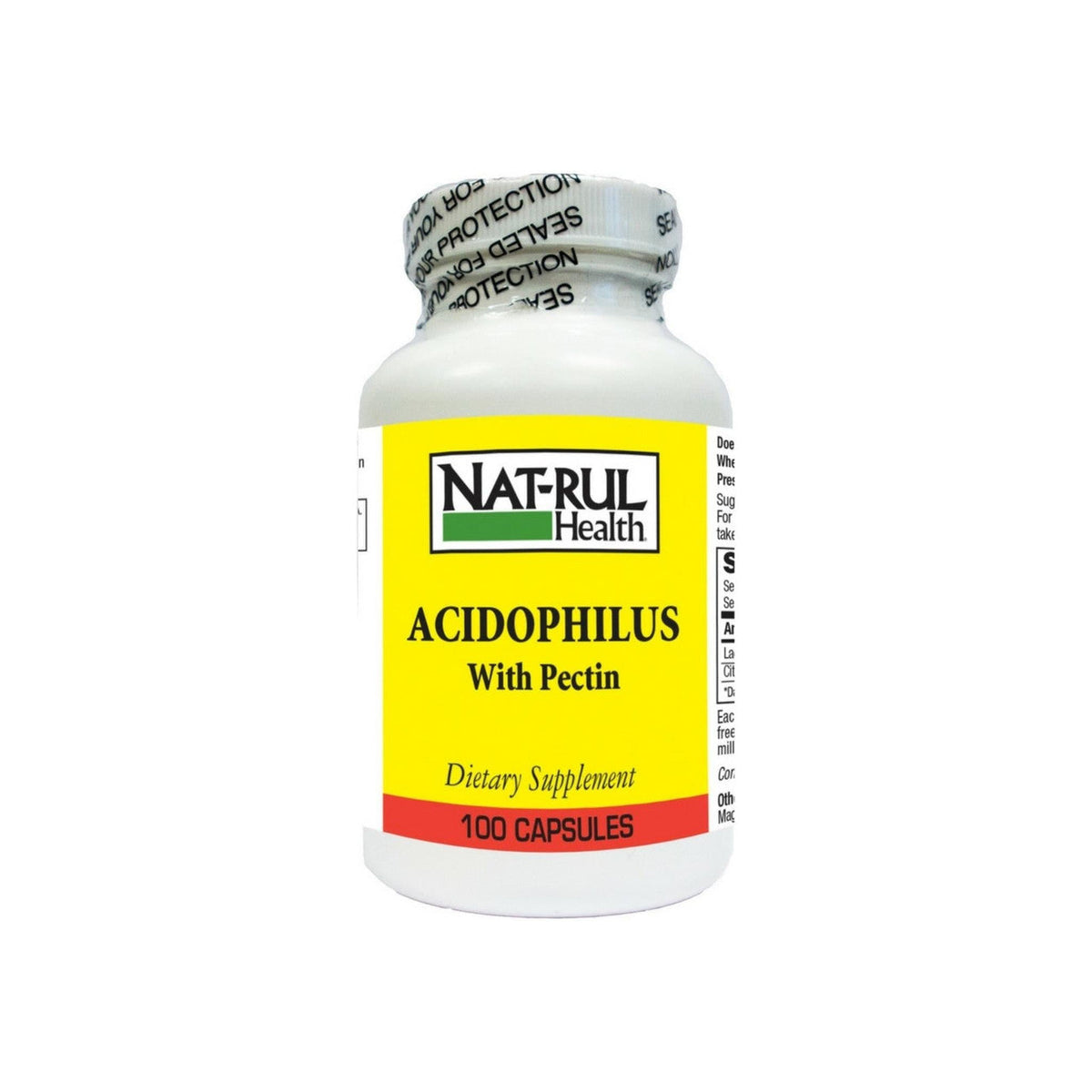 Nat-Rul Natural Acidophilus with Pectin capsules in a medicine cabinet, by Pasteur Pharmacy, for digestive health.