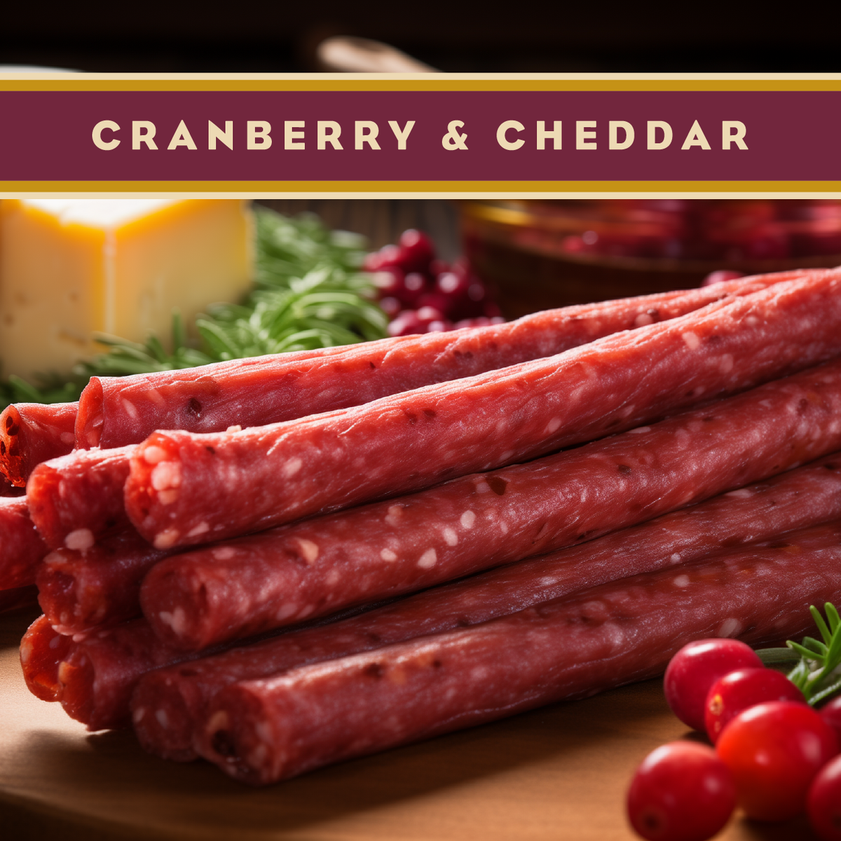 Artas'n Meats Wisconsin Beef Stick with cranberry and cheddar, showing the beef stick with cranberry pieces and cheddar cheese chunks.