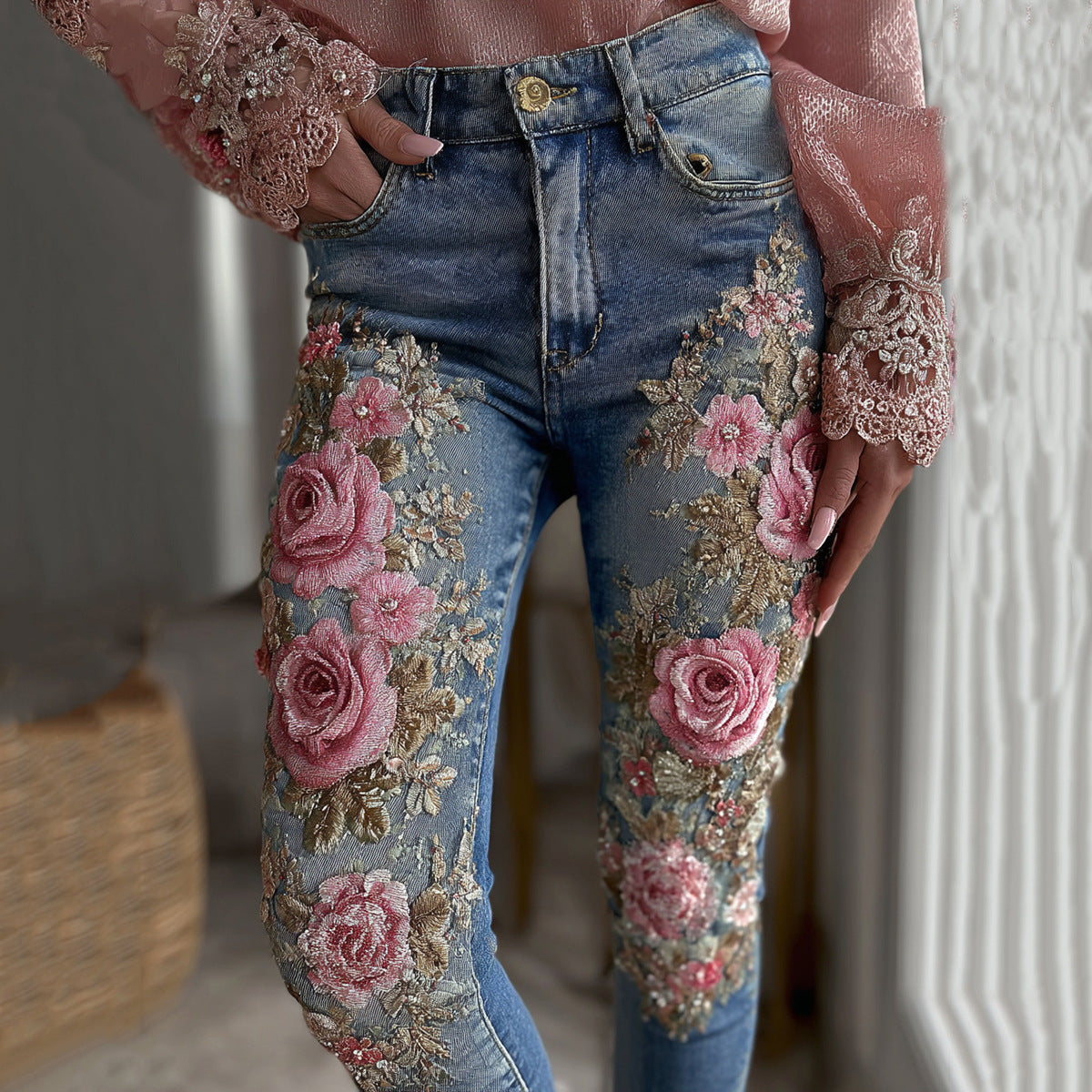 Womens Denim Jeans Womens Trousers With Colorful 3D Floral Prints