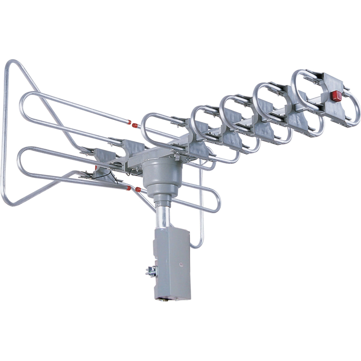 Supersonic 360-degree HDTV digital amplified motorized antenna with remote control, showing the antenna and remote in use.