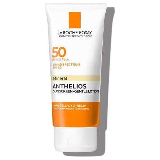 La Roche-Posay Anthelios SPF 50 Mineral Sunscreen gentle lotion 3oz bottle, creamy texture and white packaging.