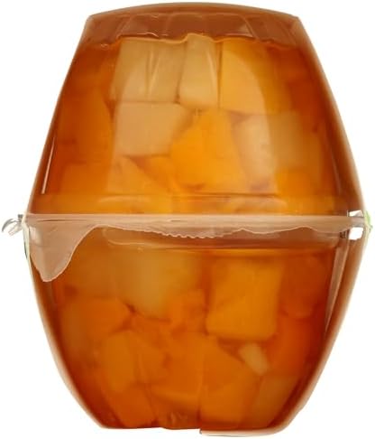 Four 365 by Whole Foods Market organic peaches and pears snack cups with fresh fruit in clear plastic containers.