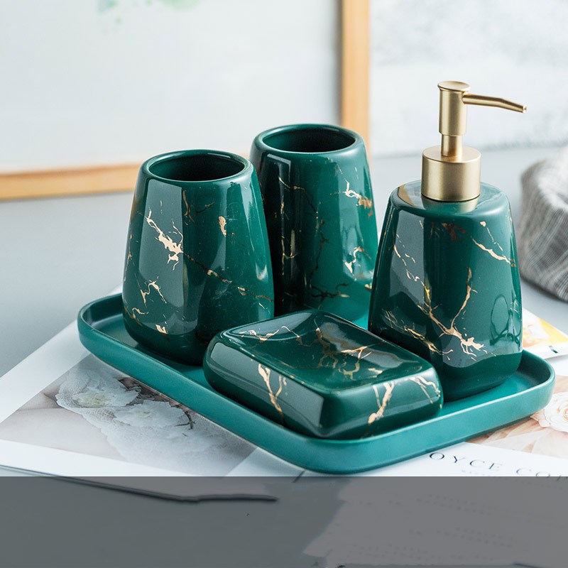 Bathroom wash set by My Store with matching bath accessories displayed together