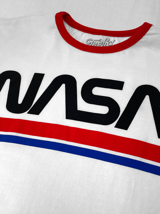 White and red NASA Worm Logo ringer t-shirt for men by Tee Luv, featuring a classic NASA worm graphic on the front.