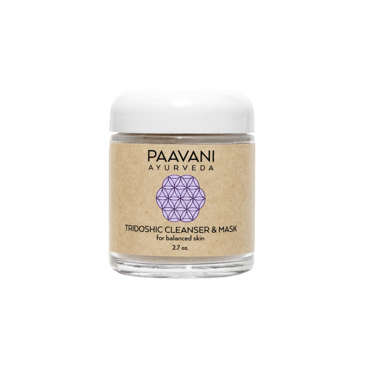 Paavani Ayurveda Skincare Tridoshic Cleanser and Mask with Ayurvedic grains for balanced, radiant skin in a simple container.
