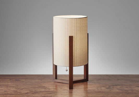 17-inch brown solid wood bedside table lamp with natural fabric cylinder shade by BACKUPMYFILESNOW®