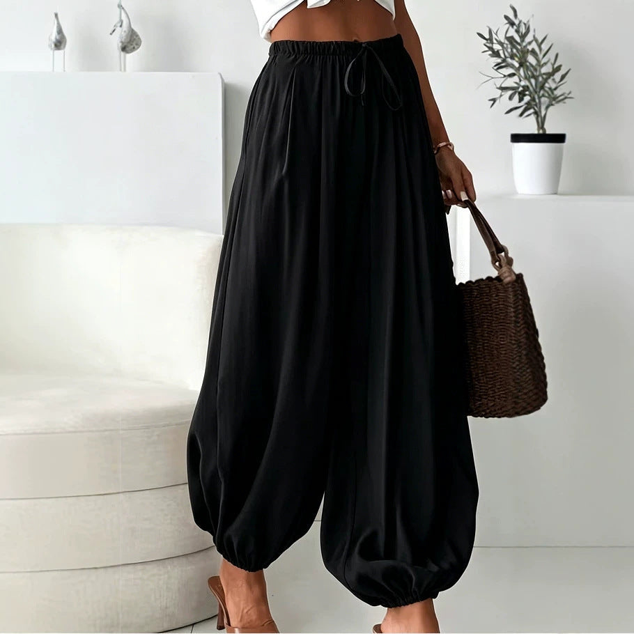 Women's summer loose drawstring wide-leg cropped harem pants with draped effect in 2026 style