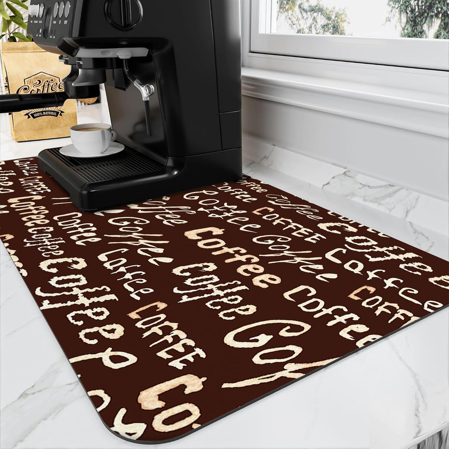 Absorbent coffee mat for kitchen counter, rubber-backed dish drying pad for coffee maker and espresso machine.