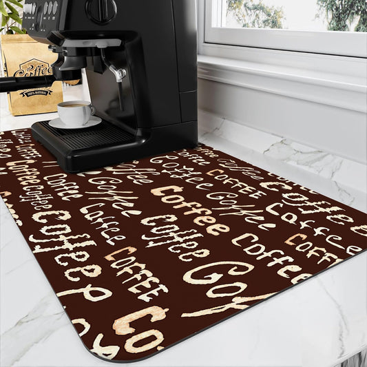 Absorbent coffee mat for kitchen counter, rubber-backed dish drying pad for coffee maker and espresso machine.