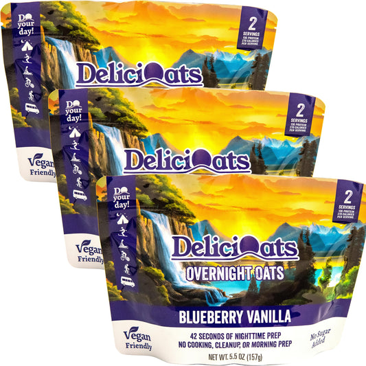 Blueberry vanilla DeliciOats overnight oats in 5.5 oz packages, high-protein vegan gluten-free oatmeal for camping and breakfast.