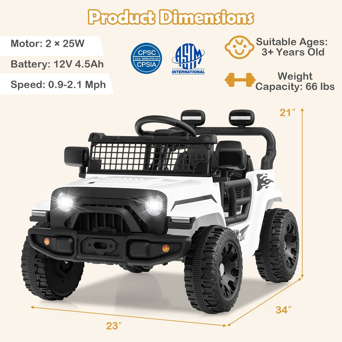 12V kids ride-on truck by GBruno Store with battery-powered electric design, showcasing the toy vehicle's front view and steering wheel.
