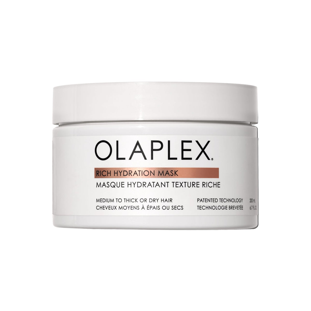 Olaplex Rich Hydration Mask in 6.7 oz jar, nourishing hair mask with a creamy texture, designed to hydrate and repair dry hair.