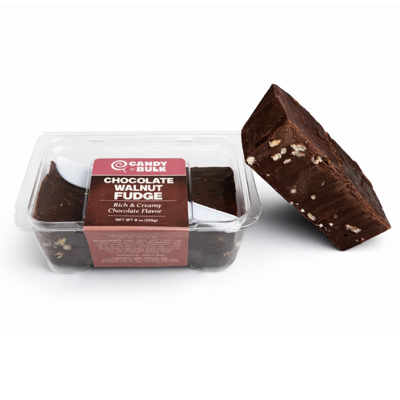 Chocolate Walnut Fudge Squares from Candy In Bulk, showing rich chocolate fudge with walnut pieces on top and cut into squares.
