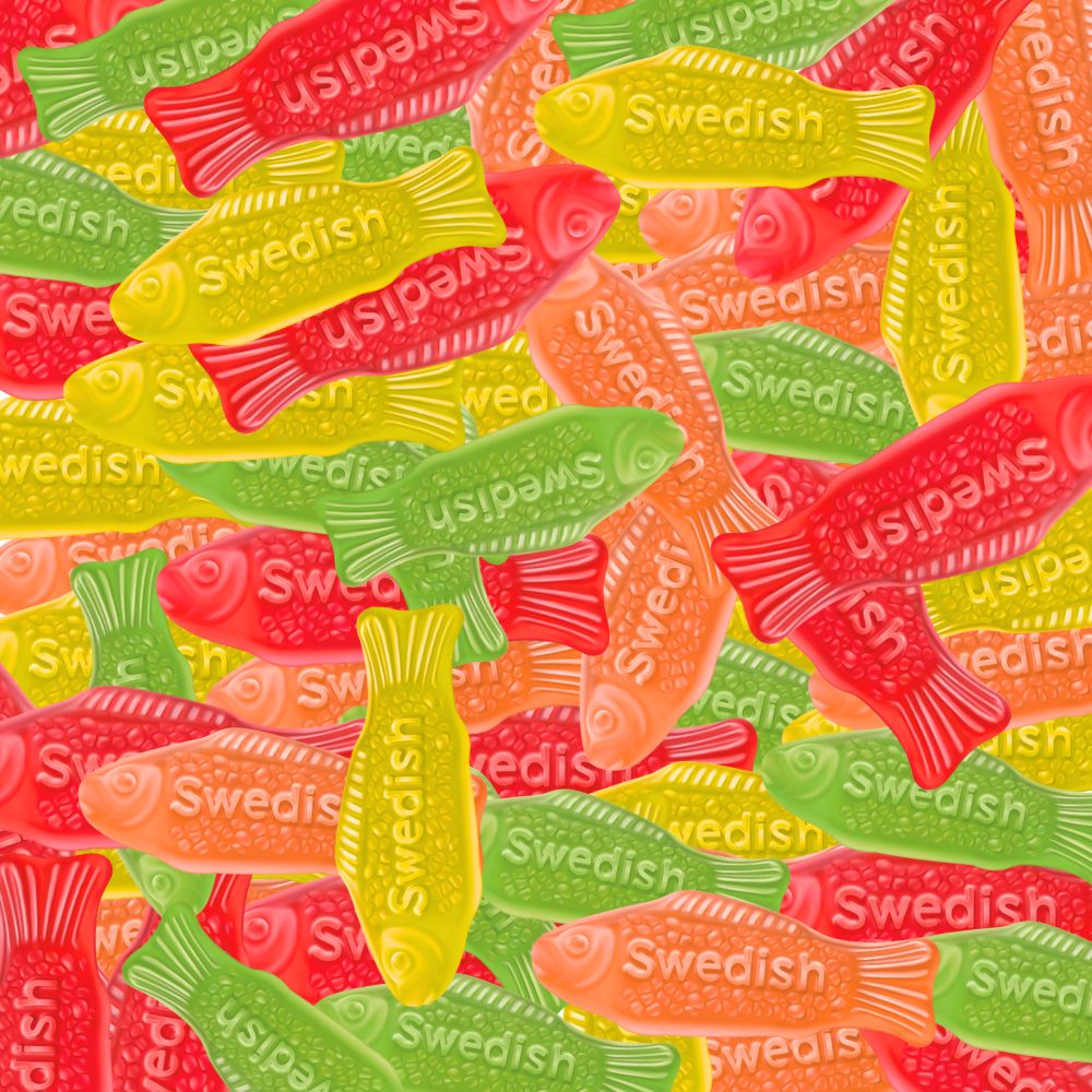 Assorted Swedish Fish soft and chewy candy in a bulk value bag by Candy In Bulk, featuring colorful fish-shaped gummies.
