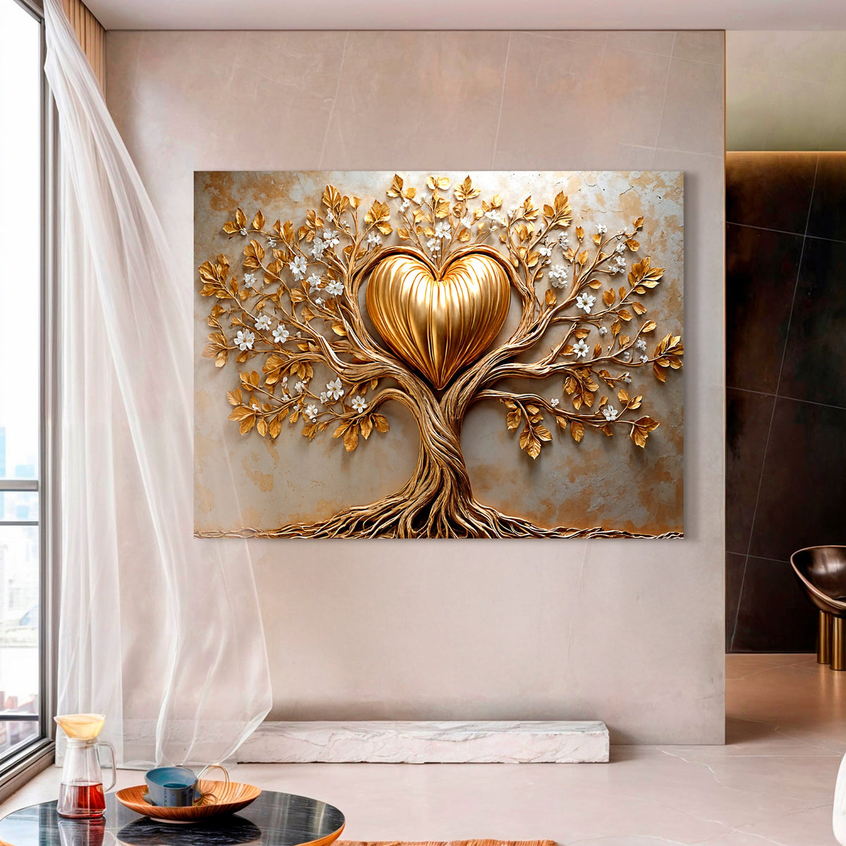 Golden tree and heart wall art on canvas by Tailored Canvases, featuring a vibrant gold-colored tree and heart design for home decor.