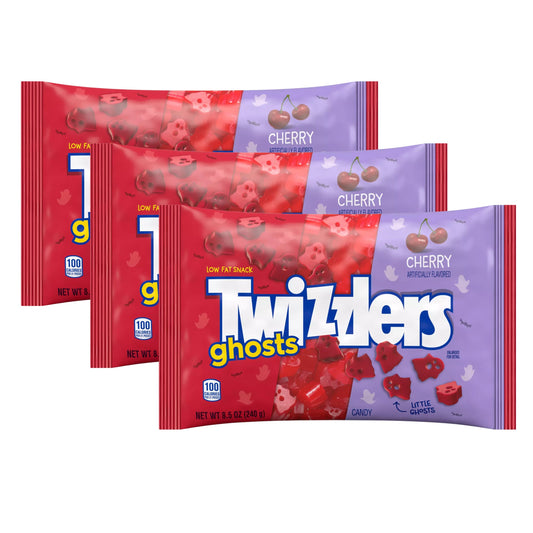 Cherry flavored Twizzlers Ghosts chewy candy bag by Candy In Bulk, with colorful ghost-shaped lollipops inside.