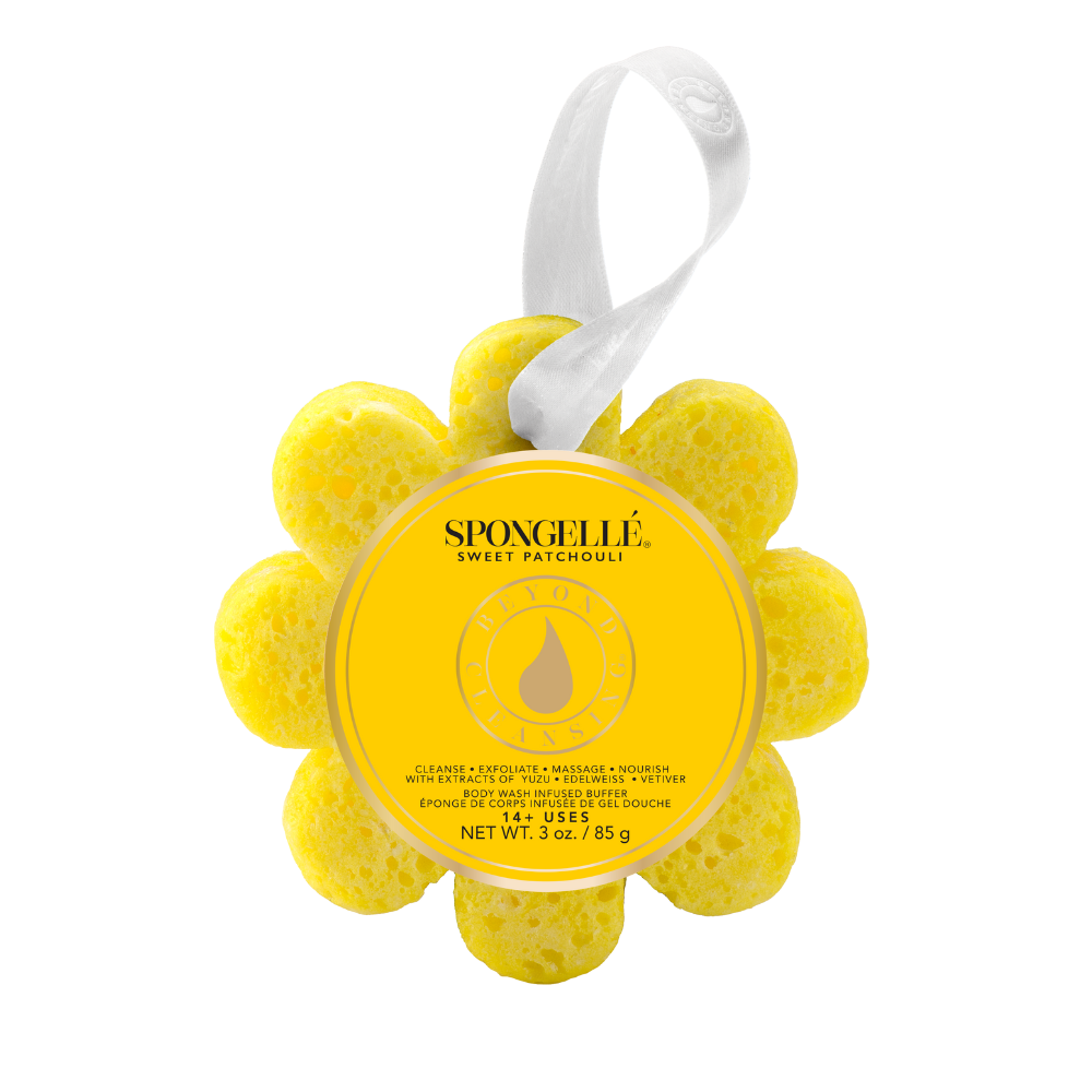 Spongellé Sweet Patchouli Wild Flower body wash infused buffer showing textured surface with floral pattern and pink accents.