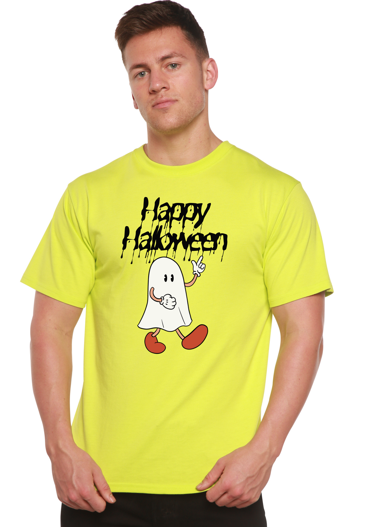 Happy Halloween men's printed bamboo viscose organic cotton short sleeve graphic T-shirt by Spun Bamboo, featuring festive Halloween design.