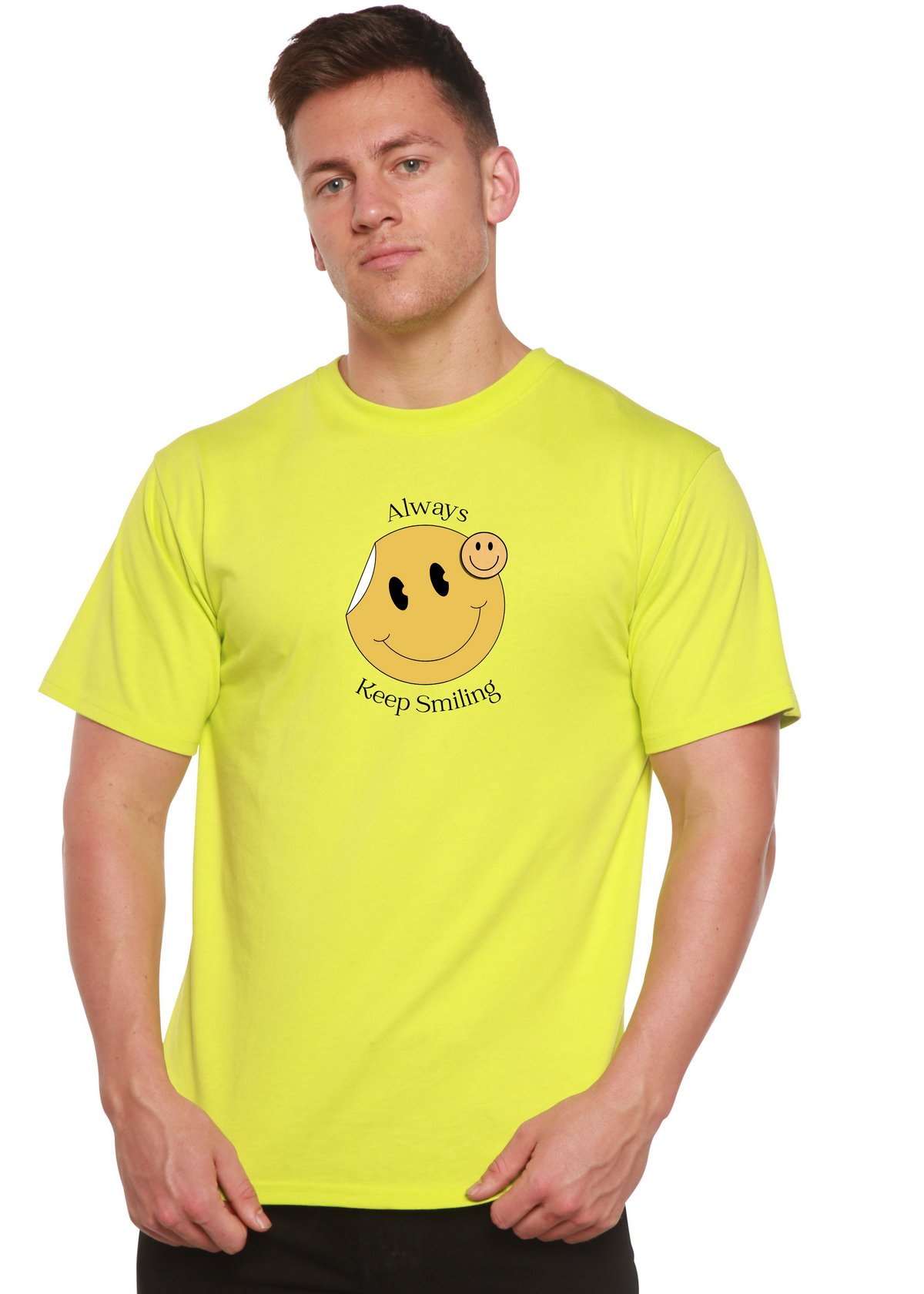 Men's graphic T-shirt by Spun Bamboo with smiley face print, made from bamboo viscose and organic cotton, short sleeve design.