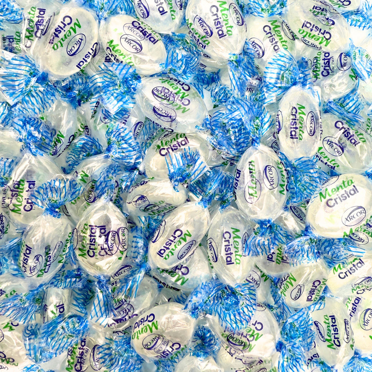 Assorted Arcor Cristal Mint hard candies in a clear bulk bag, showing shiny, round mint candies from Candy In Bulk.