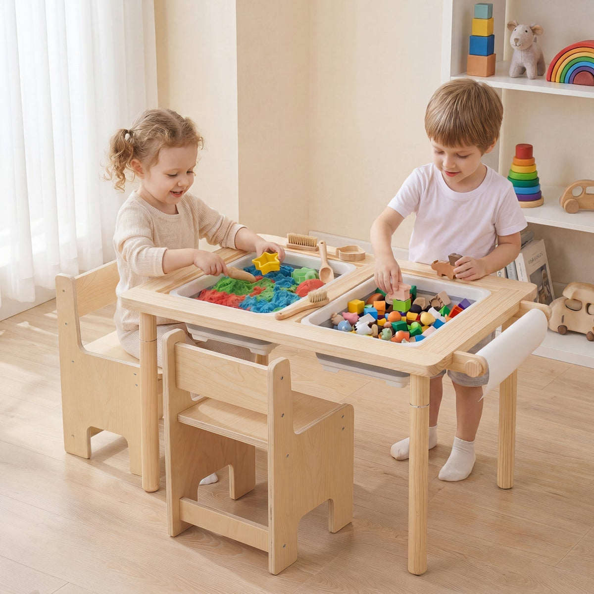 Kids activity table and chair set with adjustable height, featuring colorful wooden furniture for children.