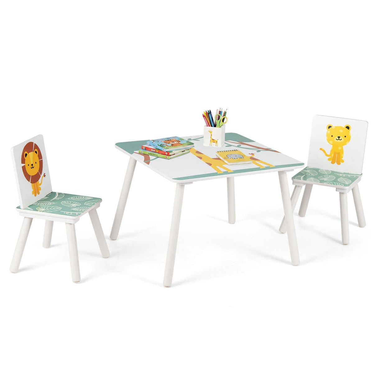 Kids furniture set with table and chairs featuring colorful animal patterns, designed for children’s play and learning spaces.