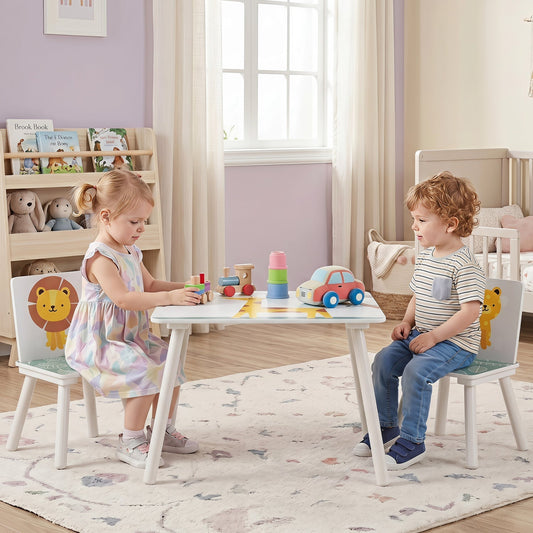 Kids furniture set with animal pattern table and two matching chairs, suitable for children, by GBruno Store.