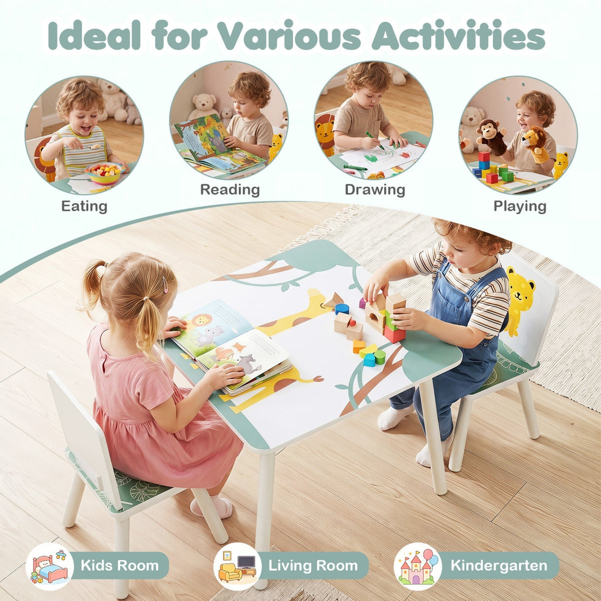 Kids furniture set with animal-patterned table and two chairs, ideal for play and learning, by GBruno Store.
