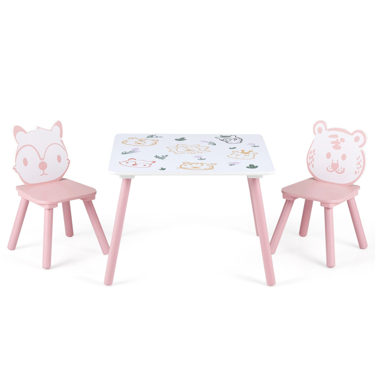 Kids table and chair set with colorful animal patterns, includes three pieces for children’s play and activity space.