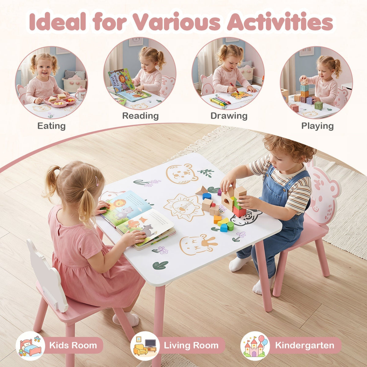 Kids table and chair set with animal pattern, 3-piece GBruno Store kids furniture featuring colorful animal designs.