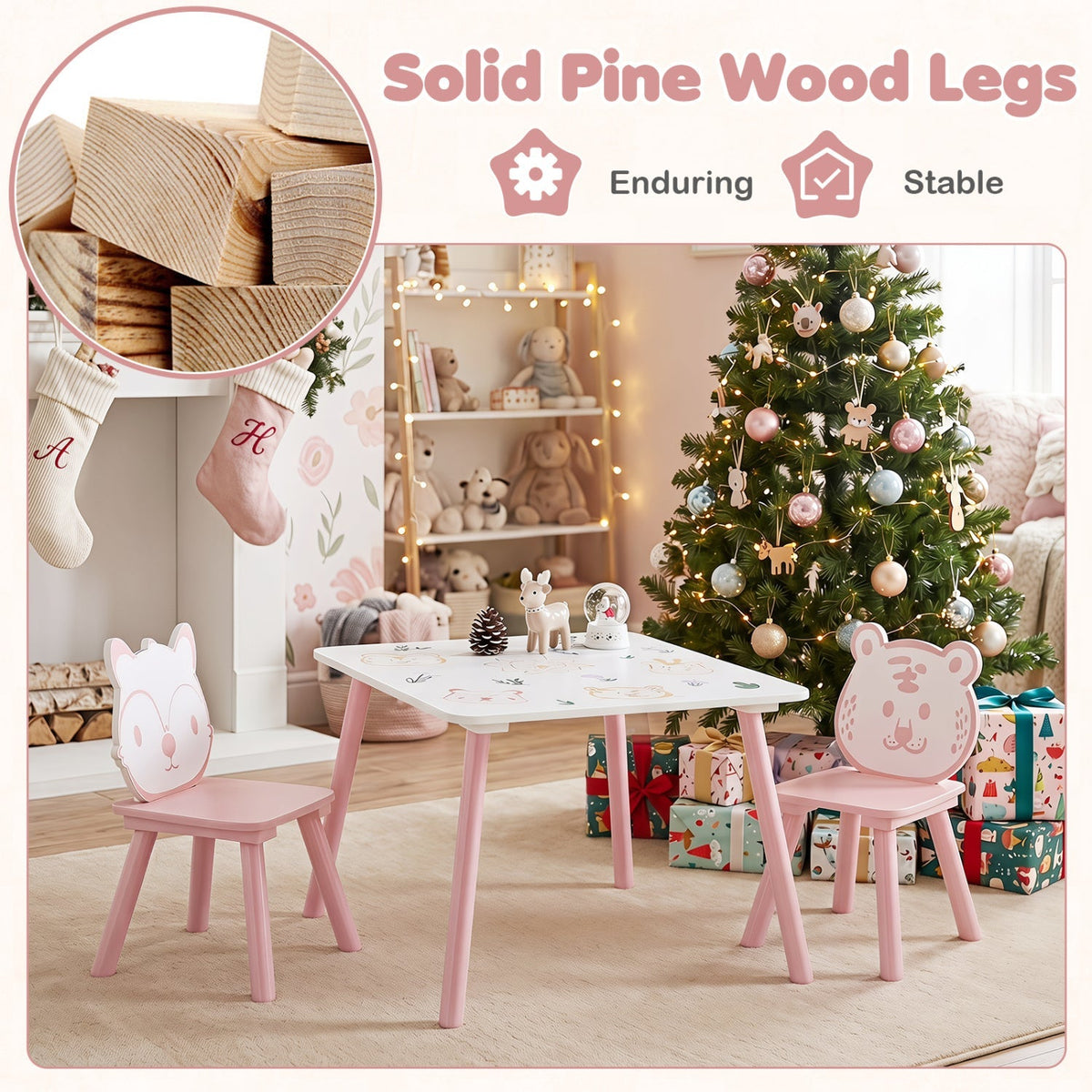 Kids table and chair set with colorful animal patterns, 3-piece GBruno Store children's furniture for play and learning.