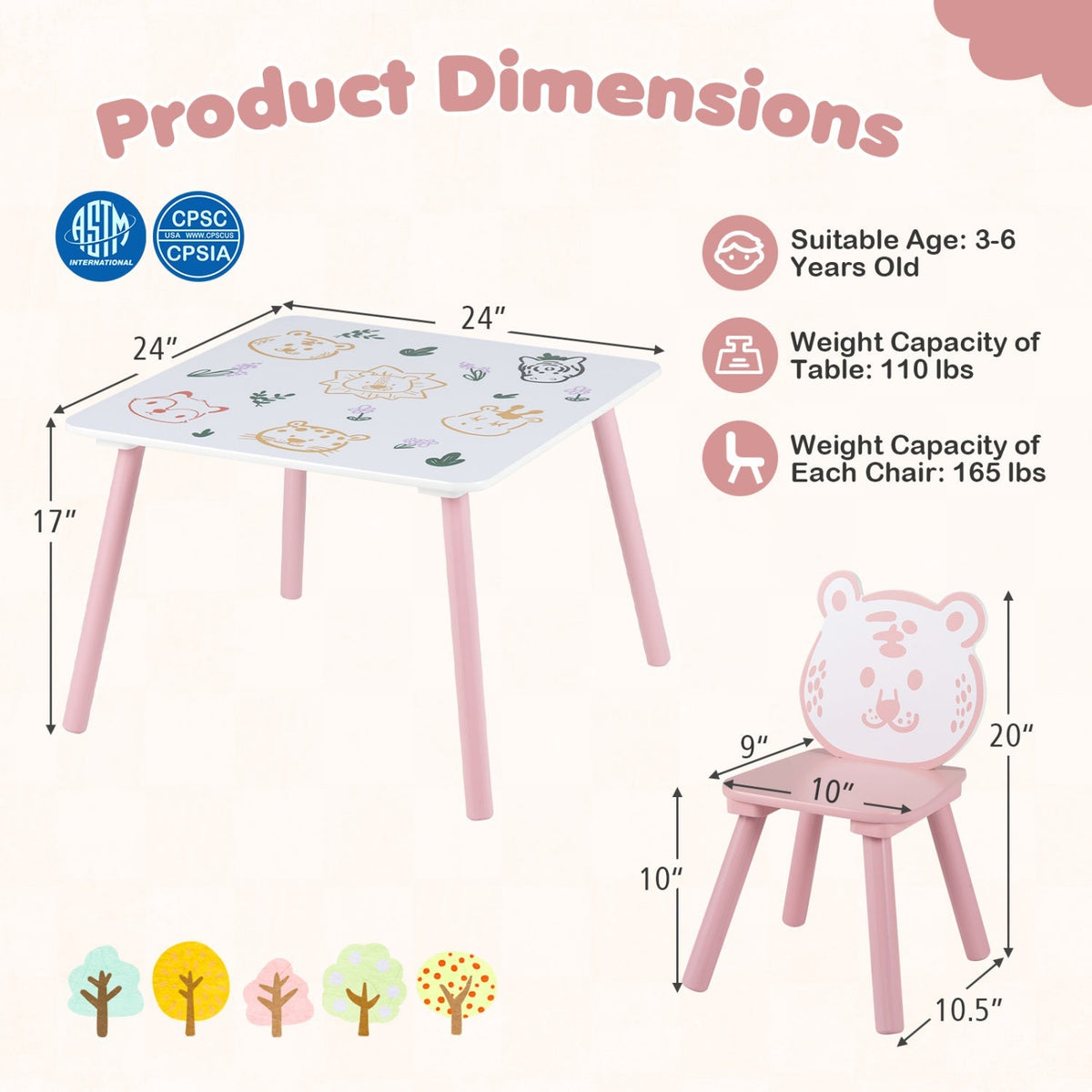 Kids table and chair set with colorful animal patterns, featuring three pieces in a playful design for children.