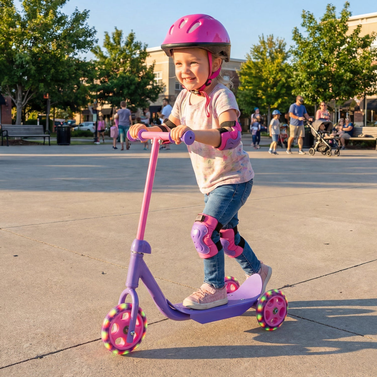 Kids 3-wheel scooter with LED light-up wheels, wide anti-slip deck, suitable for ages 2+ by GBruno Store.