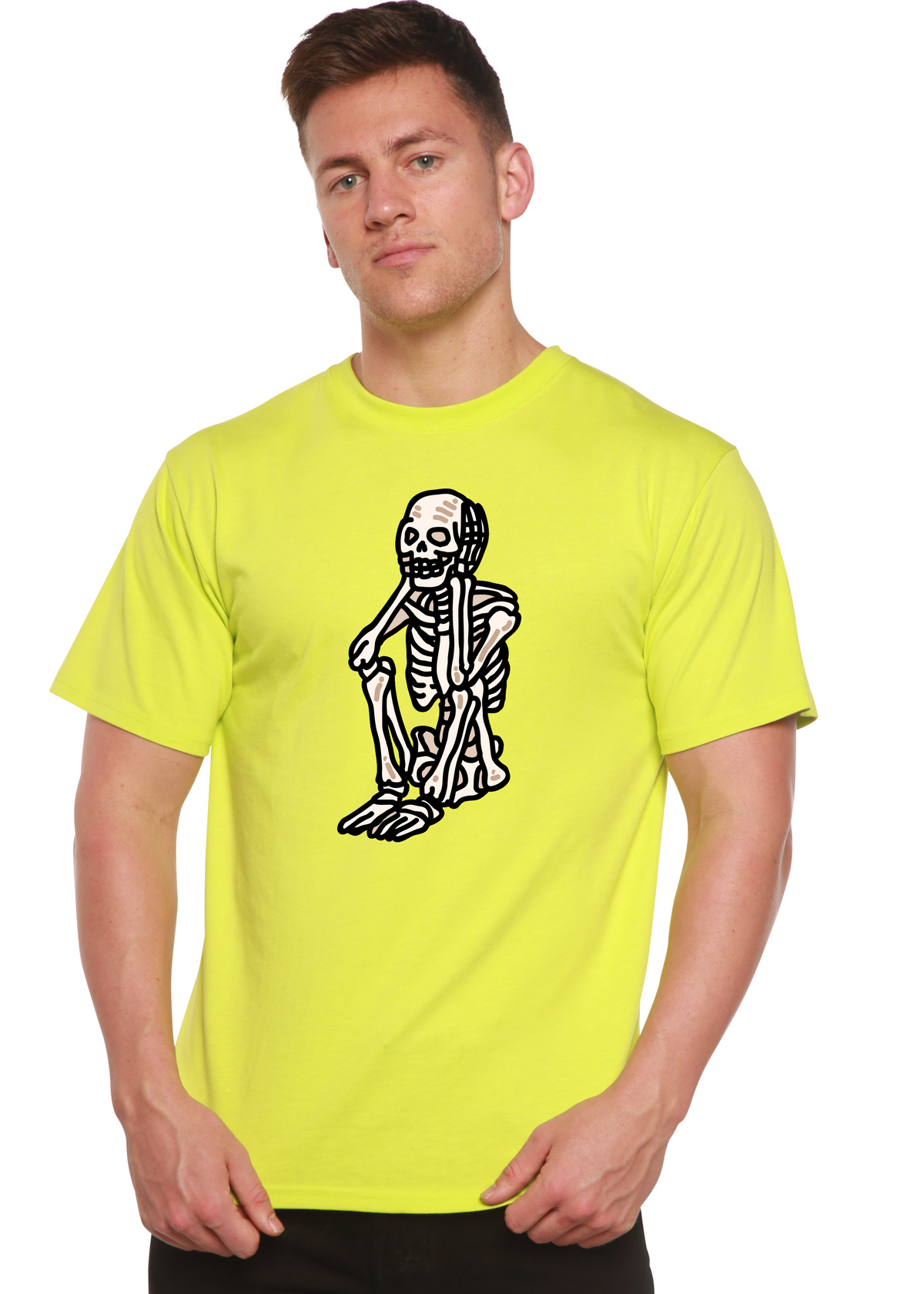 Sad Skeleton Halloween unisex t-shirt by Spun Bamboo featuring a printed skeleton graphic on short sleeve bamboo viscose organic cotton shirt.