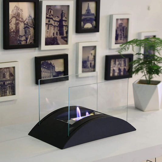JHY DESIGN 13.5-inch rectangular tabletop fireplace with gel and ethanol flames, modern design for indoor use.