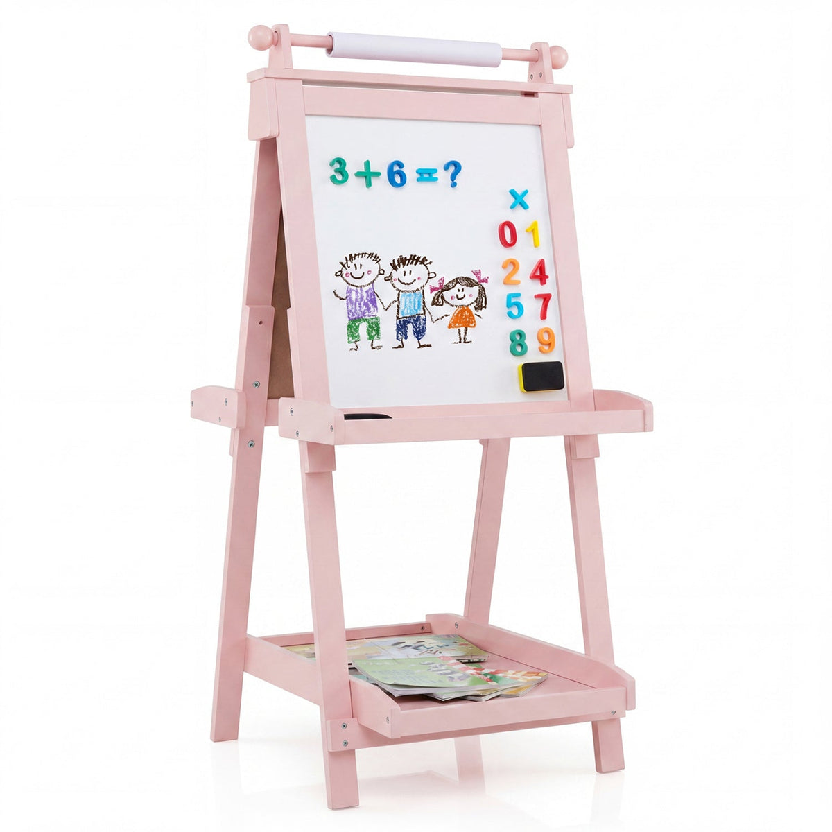Double-sided kids art easel with chalkboard and whiteboard from GBruno Store, featuring colorful art supplies and drawing surfaces.